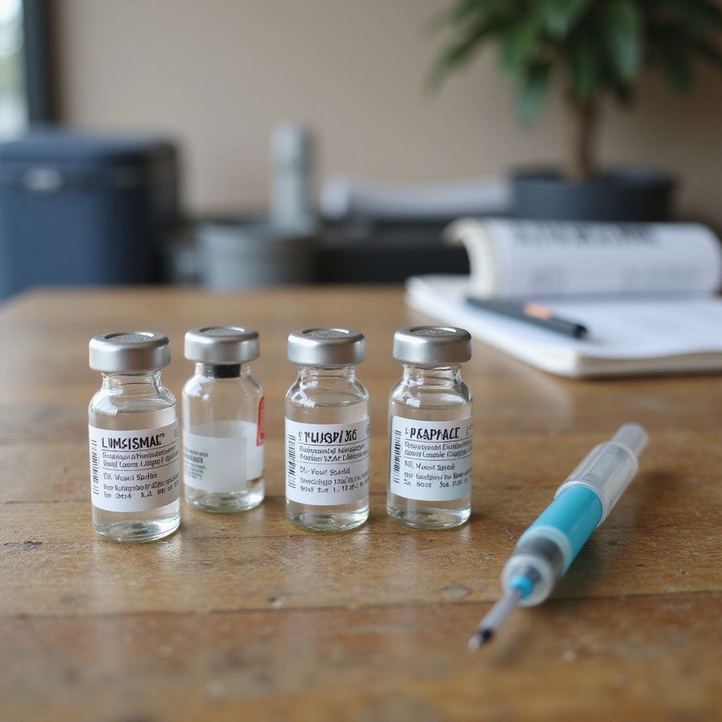 Four vaccine vials and a syringe on a wooden table, likely for medical use.