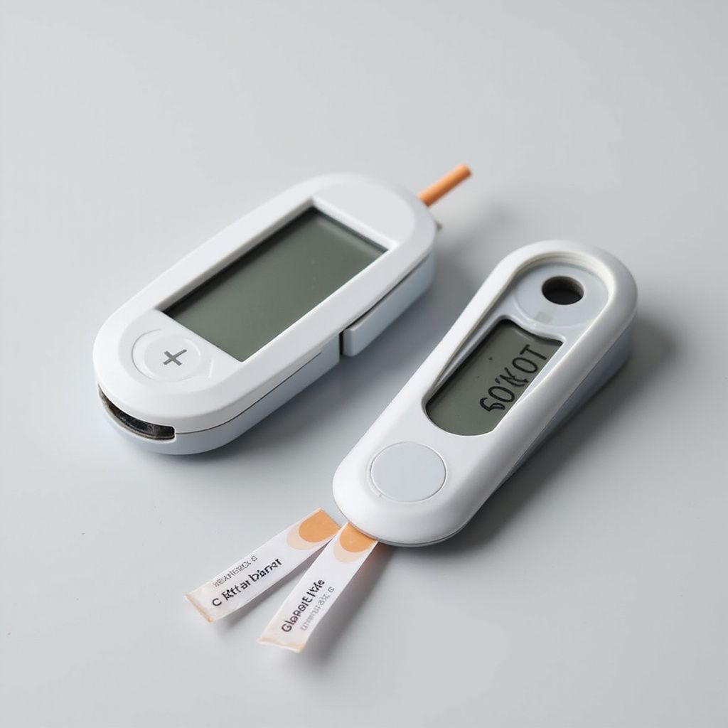 Two white blood glucose meters with test strips, against a gray background. One meter displays 'SOKOT'.