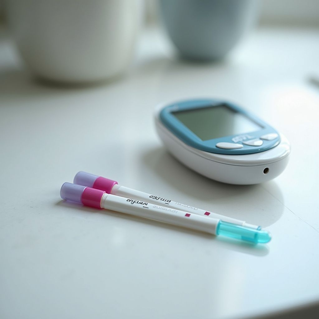 Two pregnancy test sticks and a blue and white ovulation monitor on a white surface.
