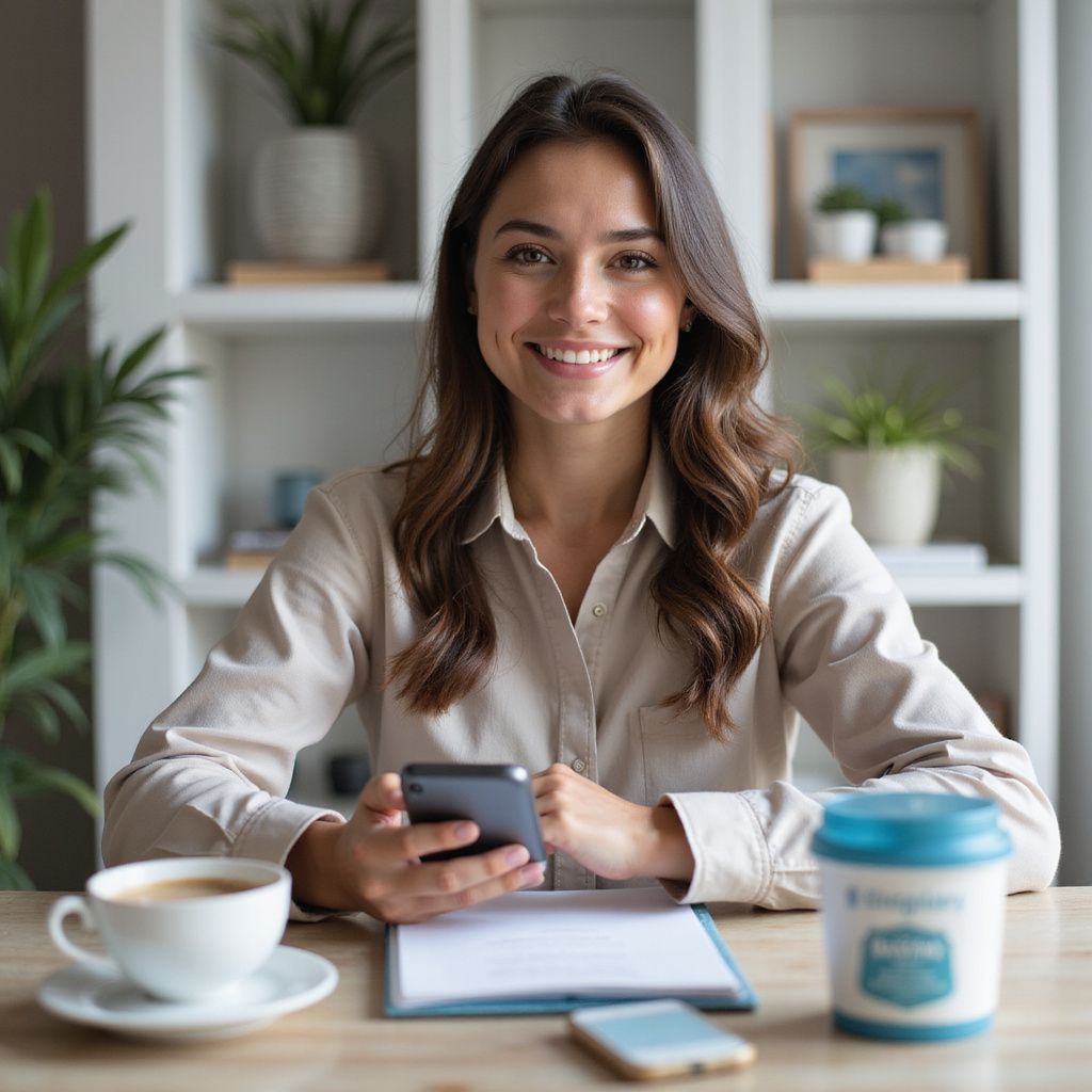 Woman smiling, holding phone, seated at desk with coffee, document, and pen. White shelves with plants in background.