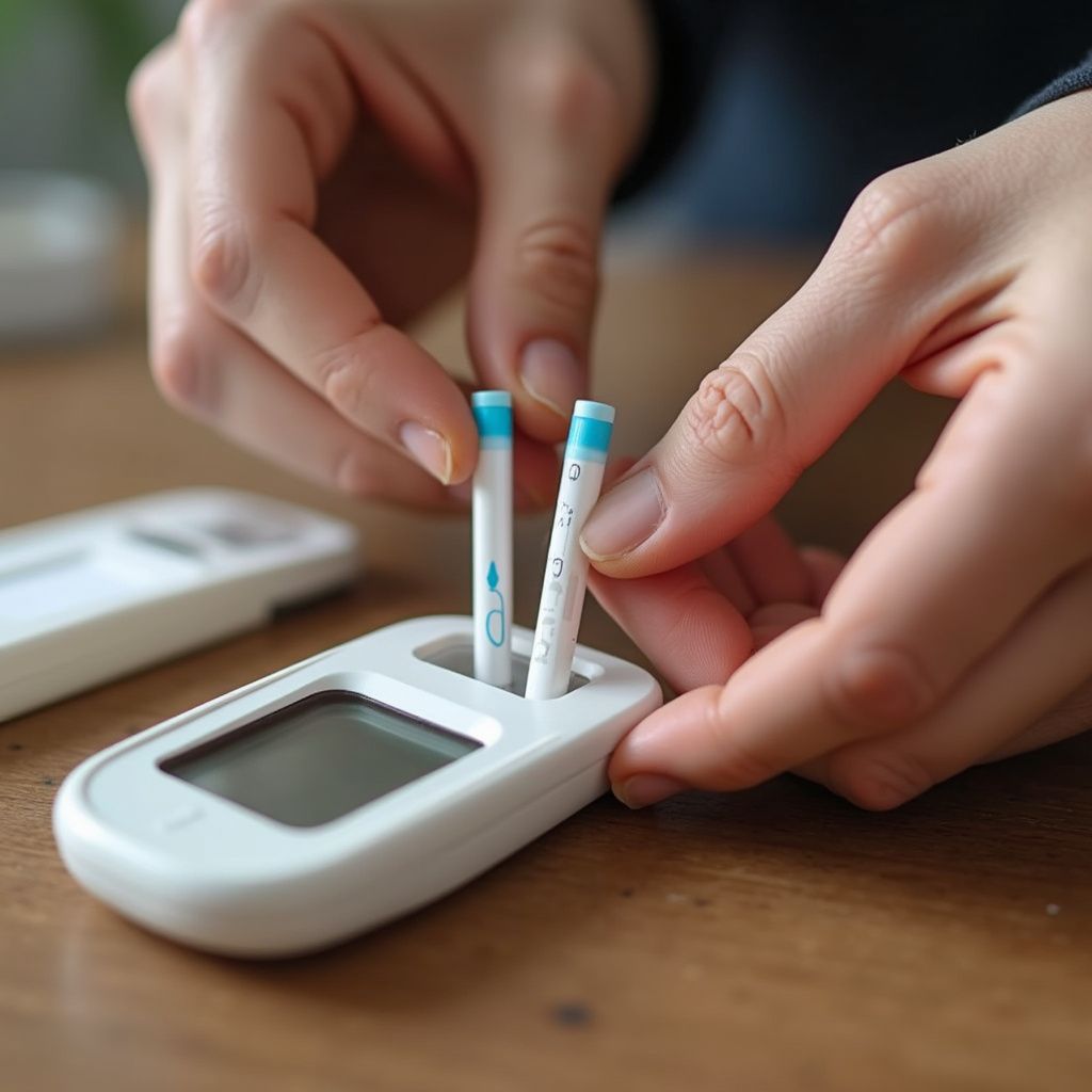 Hands inserting test strip into a glucose meter on a wooden table.