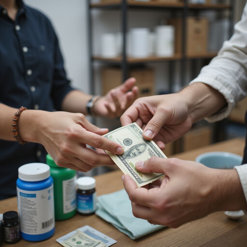 Person handing cash to another person, likely a transaction at a store.