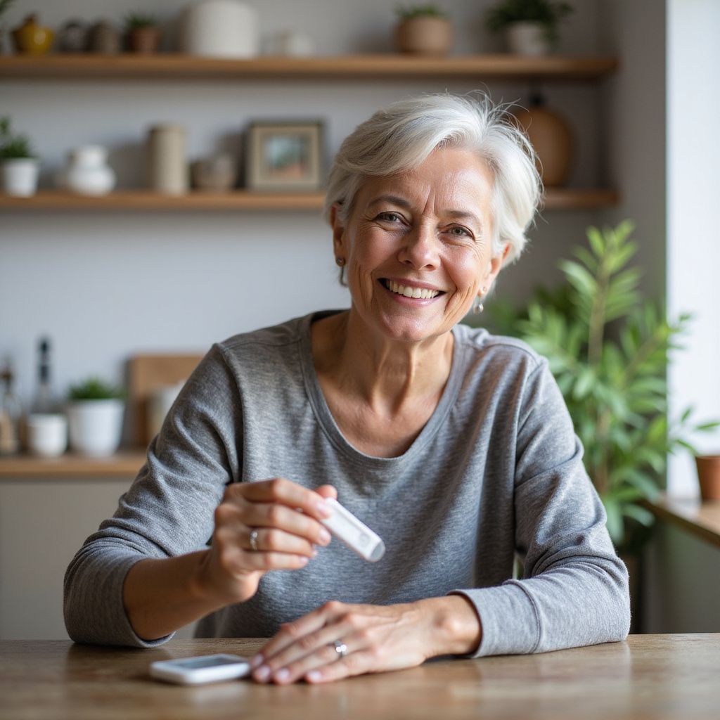 Woman smiling, holding glucose monitor, sitting at a table in a kitchen.