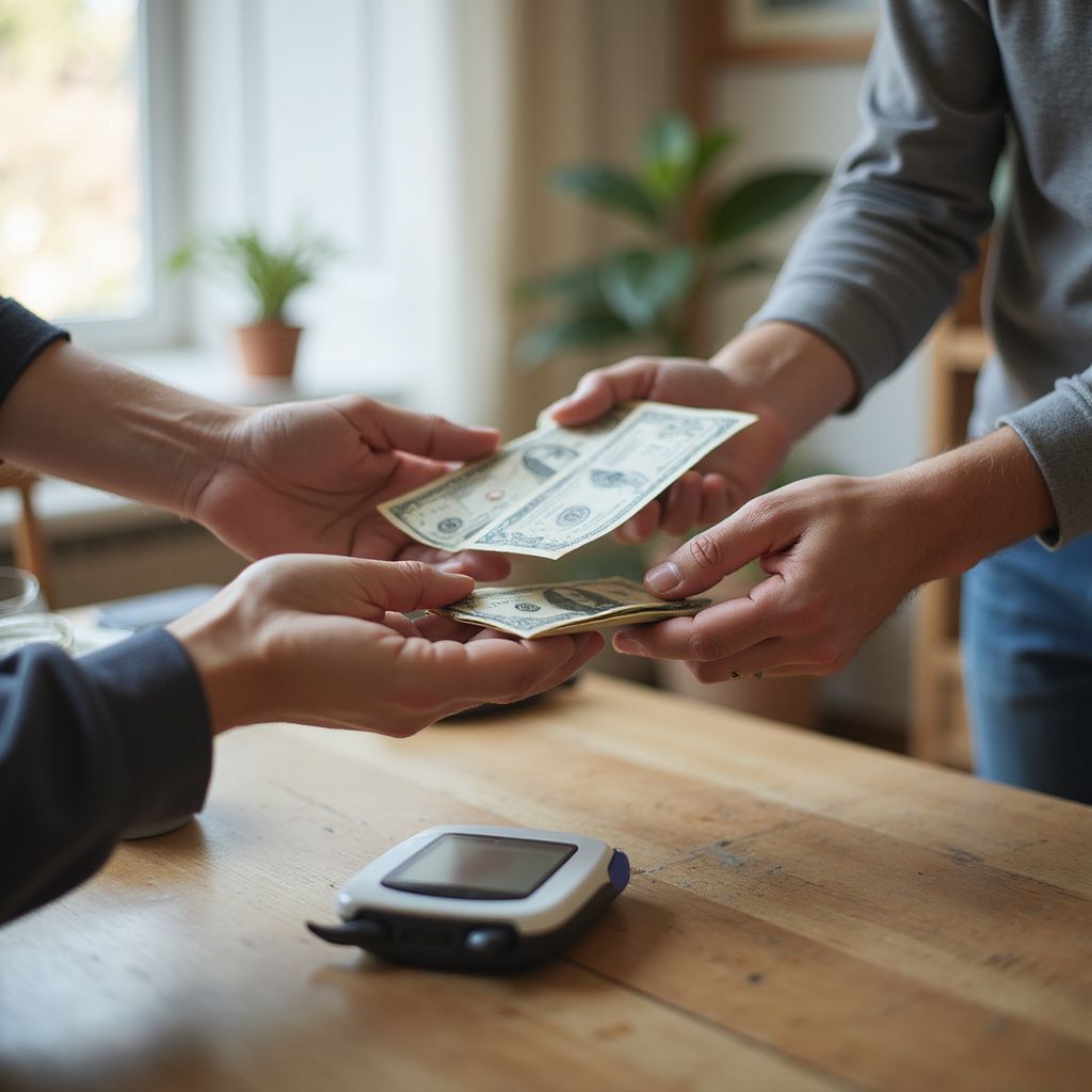 Hands inserting test strip into a glucose meter on a wooden table.