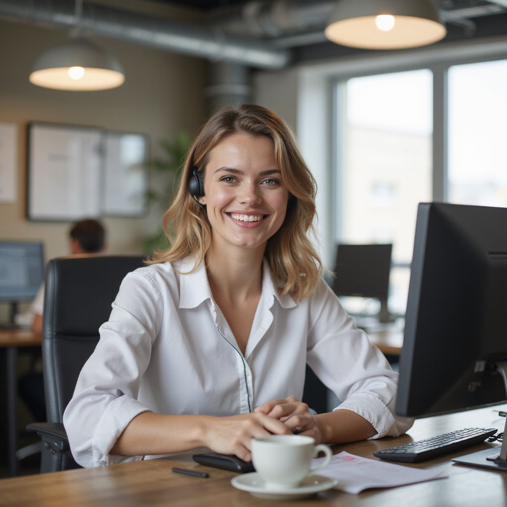 Woman in white shirt, wearing headset, smiles at desk with computer and coffee cup in office setting.