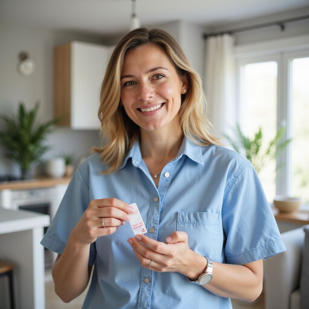 Woman in blue shirt smiling, holding small white card. Kitchen background.
