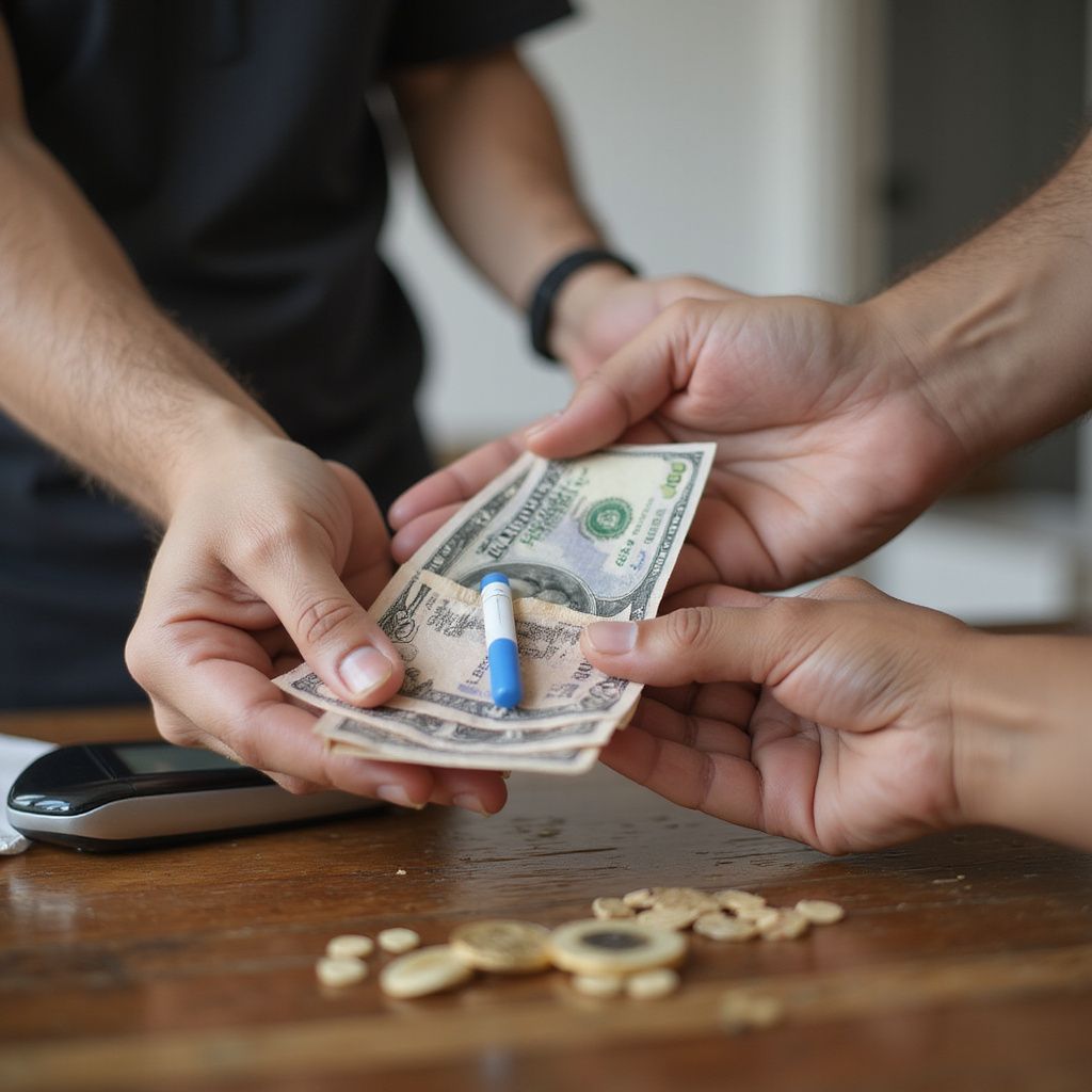 Hands exchanging cash, possibly in a transaction. A small blue object sits in the bills on a wooden table.