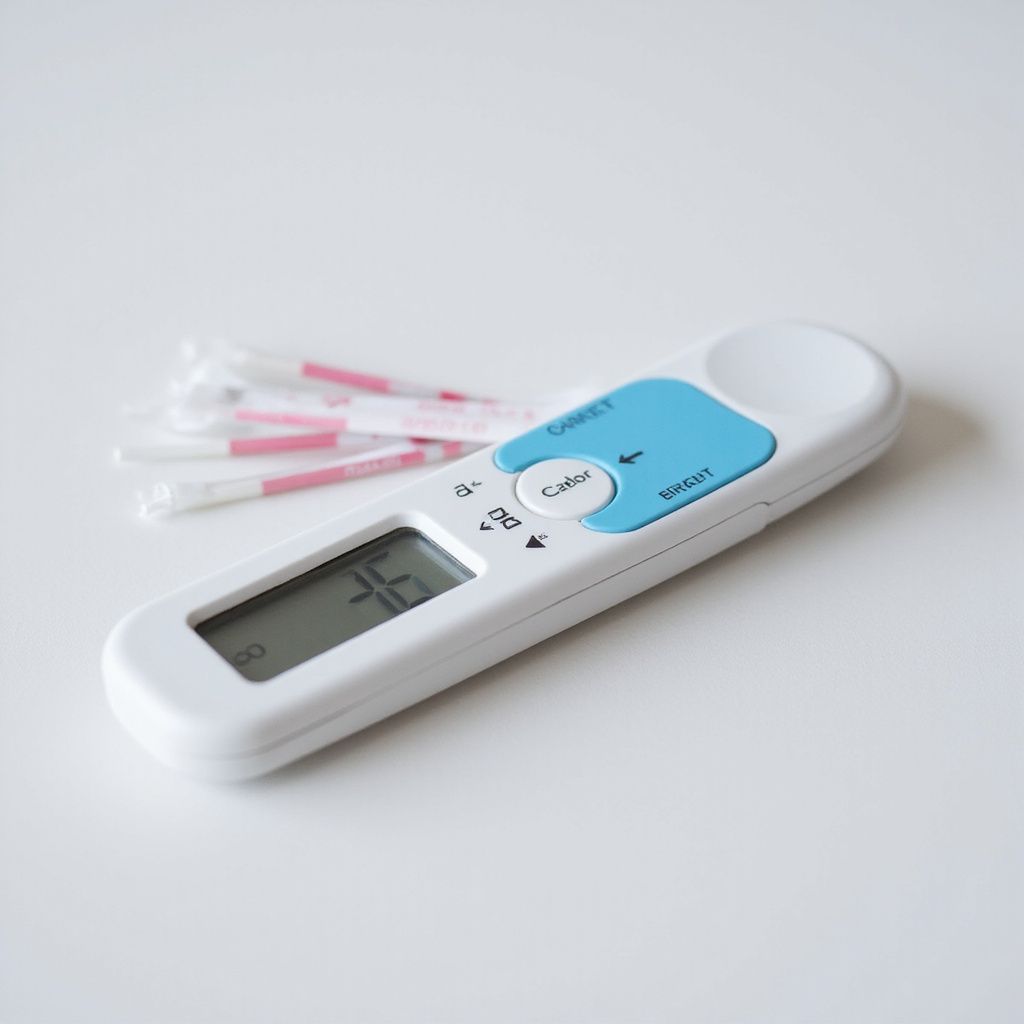 White digital basal thermometer with blue buttons, pink test strips, and a reading displayed on the screen.
