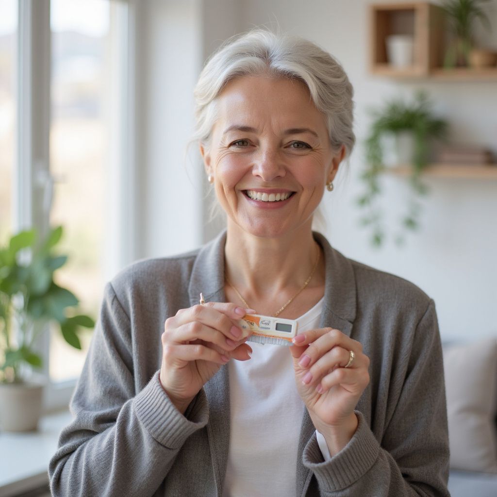 Woman holding a digital thermometer, smiling. Indoors, natural light.