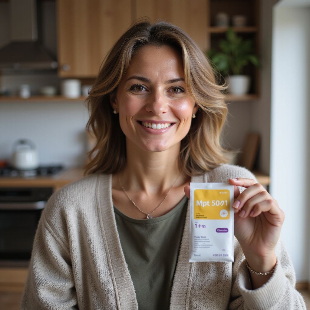 Woman smiling, holding a white and yellow packet labeled