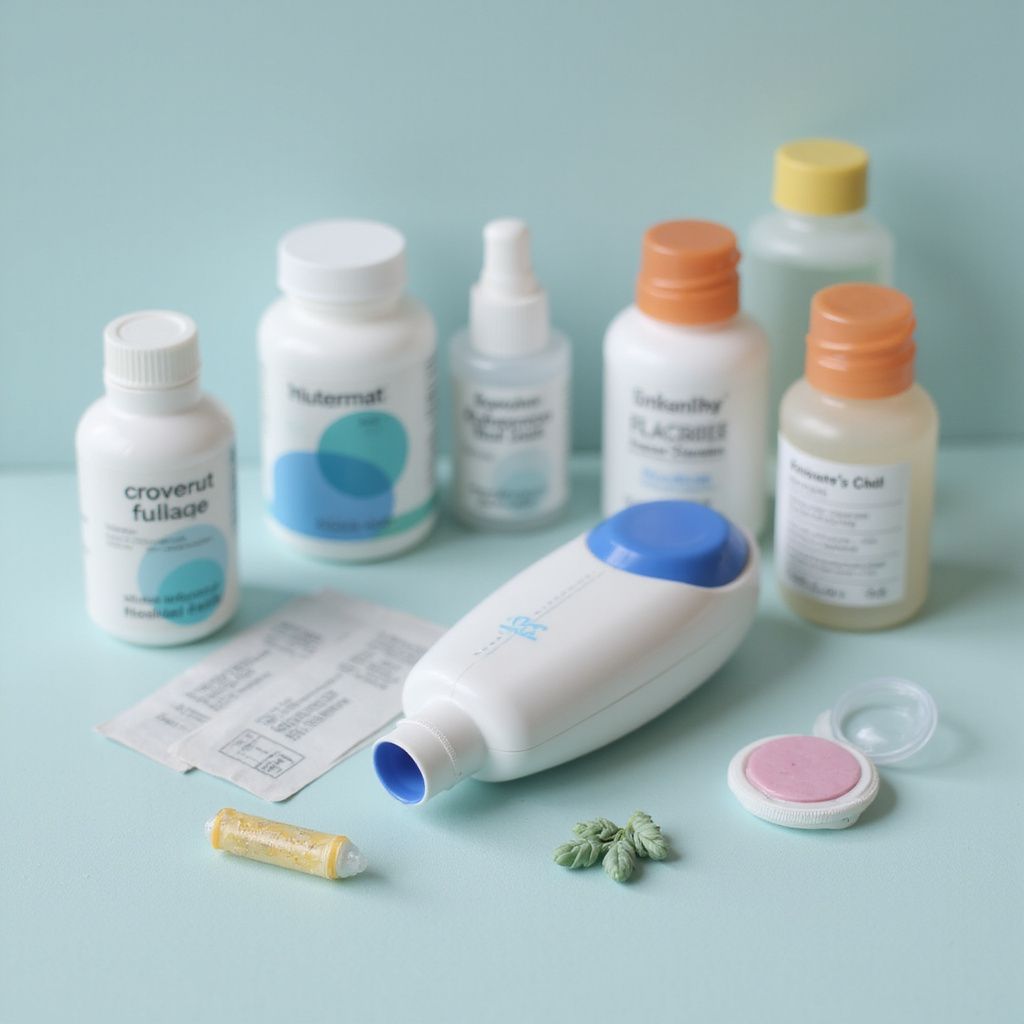 Various white bottles and vials of medical products, including a white inhaler, arranged on a teal surface.