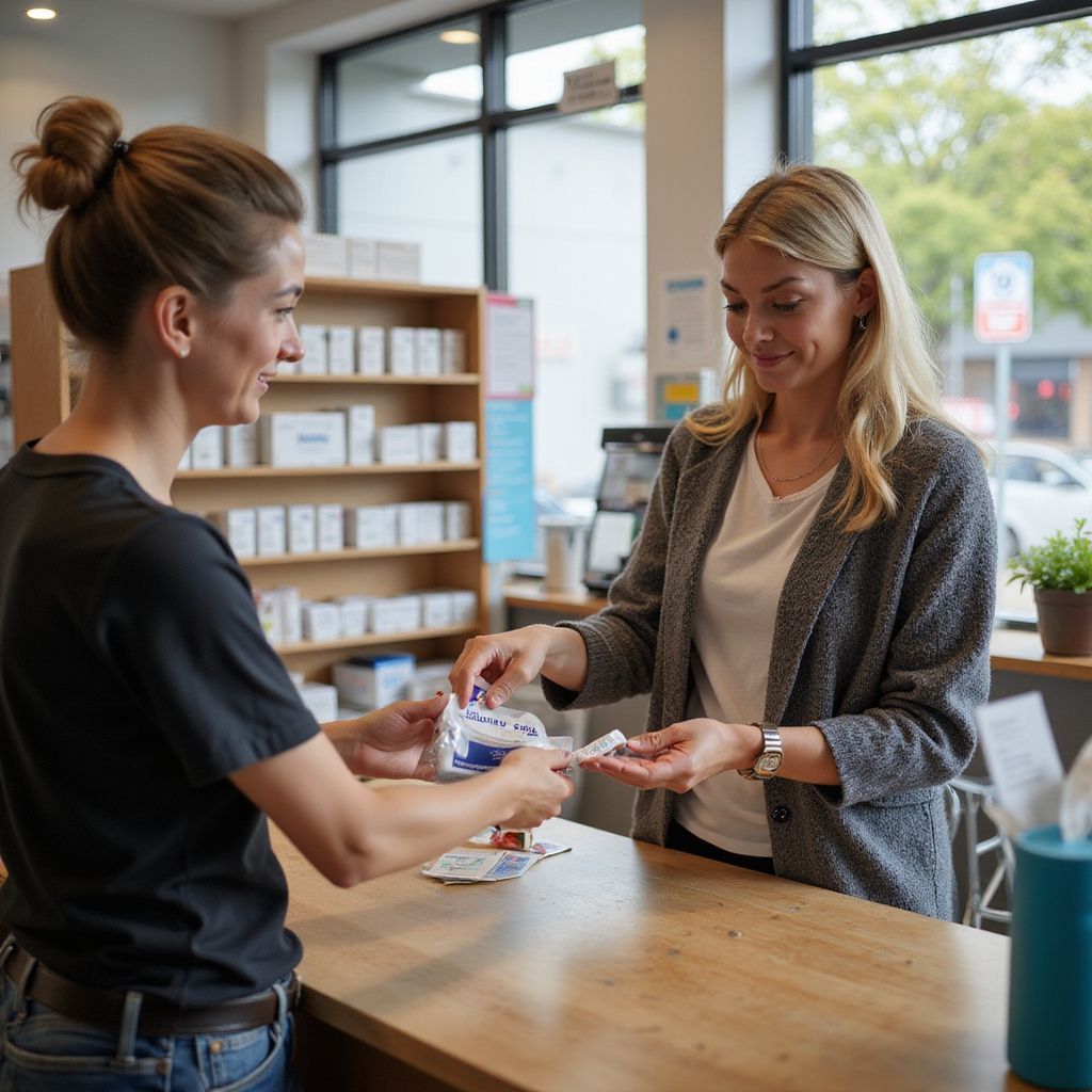 Woman at pharmacy counter receiving medication from a staff member.