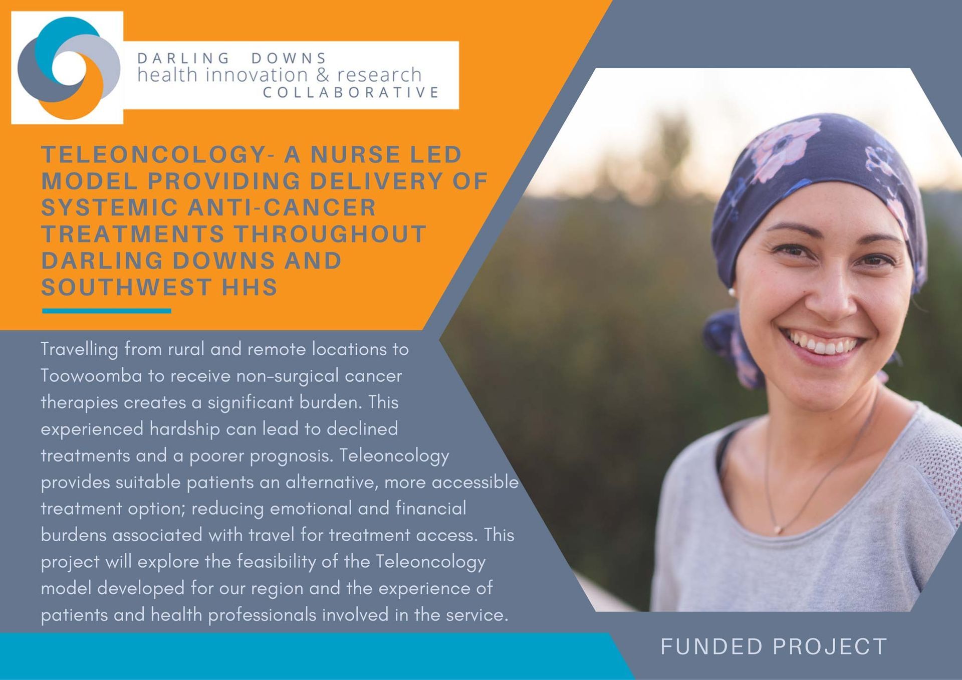 A woman with cancer is smiling and wearing a head scarf.