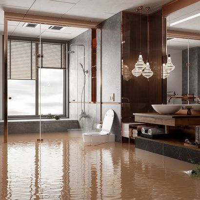 Flooded Bathroom with Potted Plants Floating on Water — Cairns, QLD — Big Red Carpet Shampooing