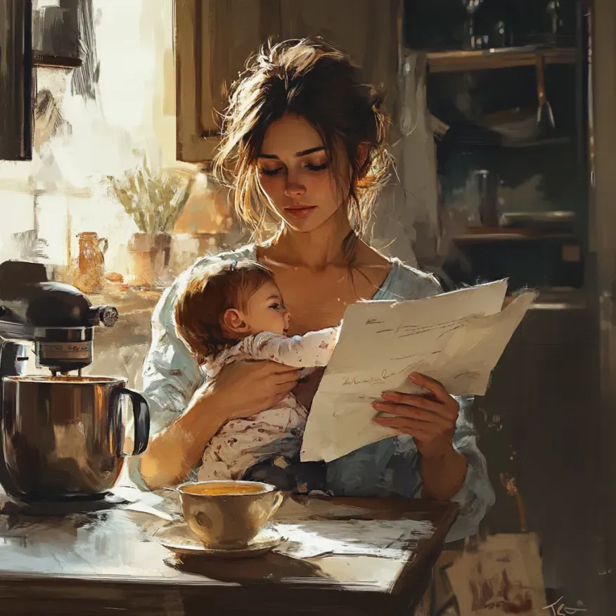 Tired mom holding baby while reading homeschool papers at the kitchen table — showing postpartum ove