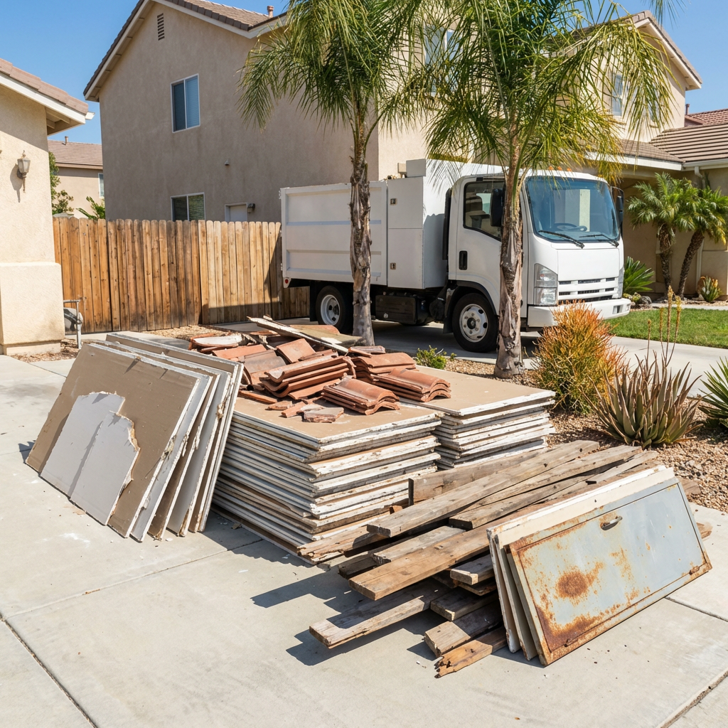 Renovation debris pile including drywall, tile, and lumber awaiting removal in a Santee, CA driveway