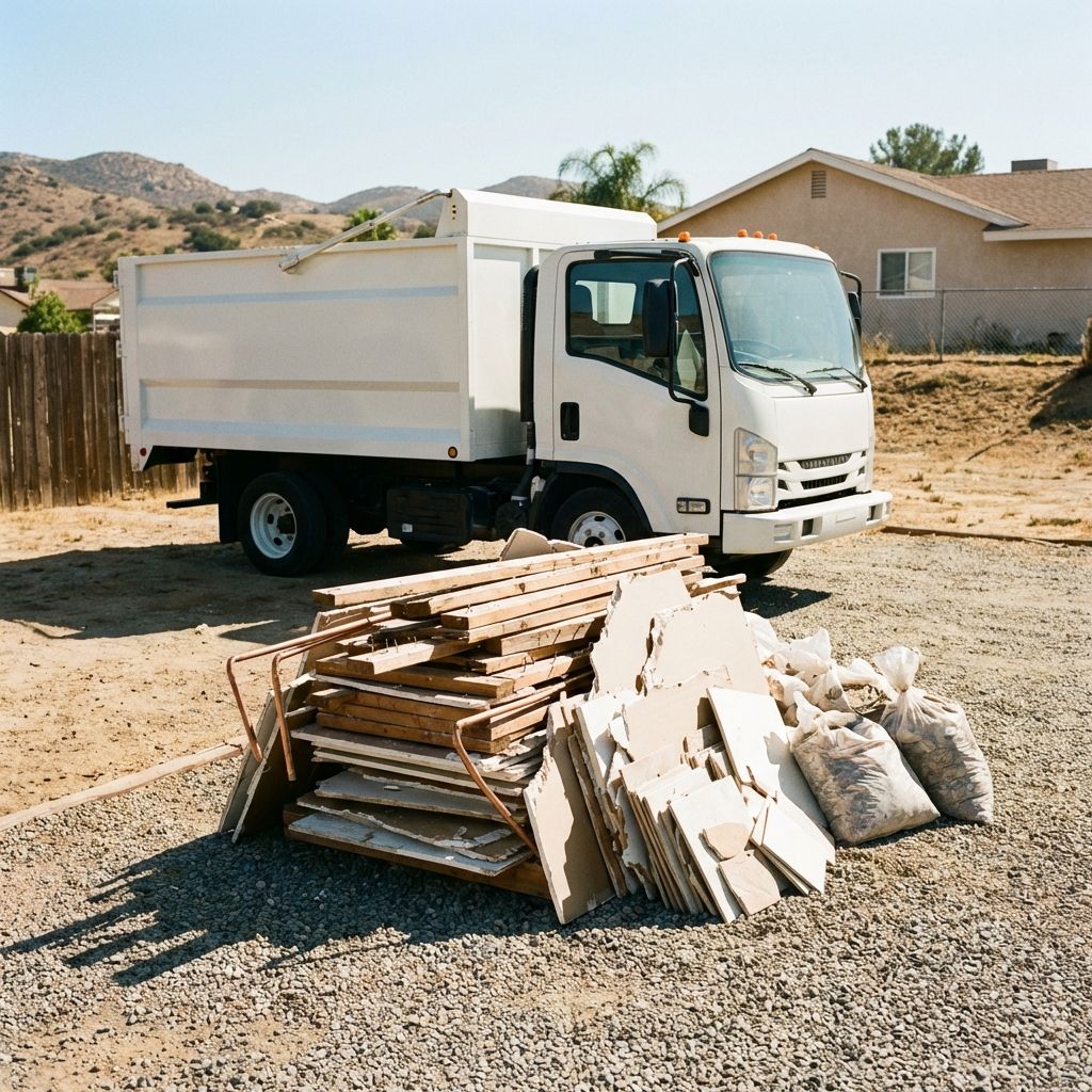 Junk removal truck loaded with renovation debris and lumber after a construction cleanout in Santee CA