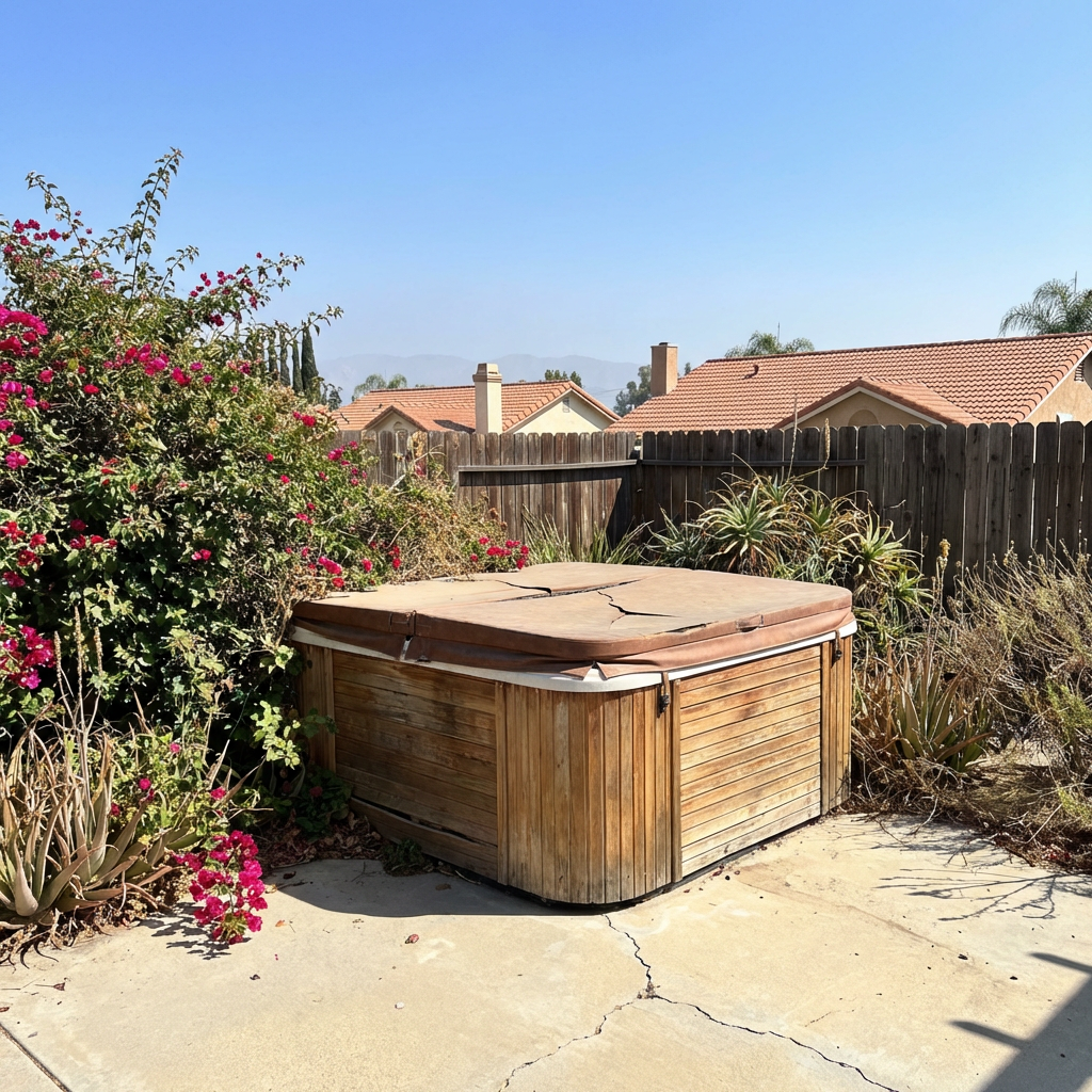 Old hot tub on a backyard patio in Santee, CA awaiting removal and hauling