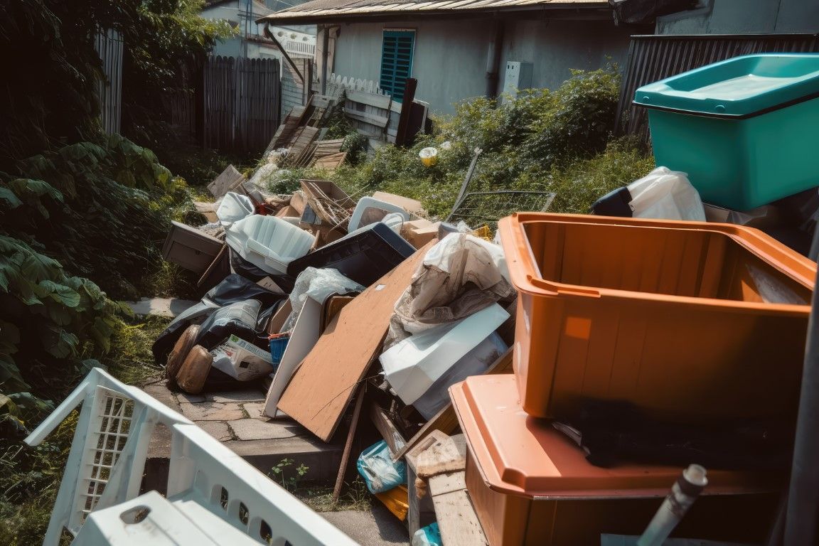 Large pile of household junk and debris ready for removal in a Santee CA residential property