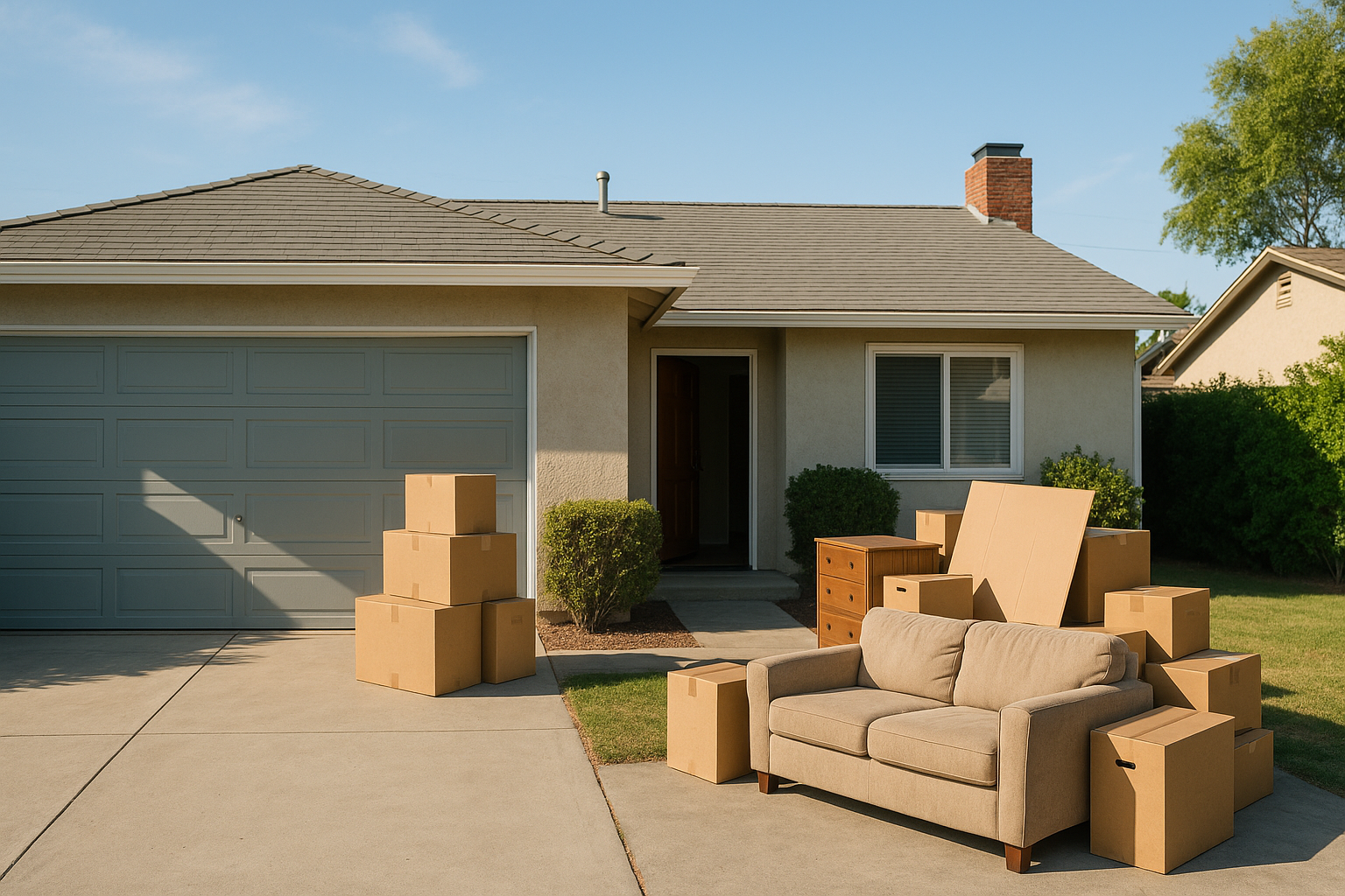 Pile of unwanted furniture and boxes left on a Santee, CA driveway during a move-out cleanout