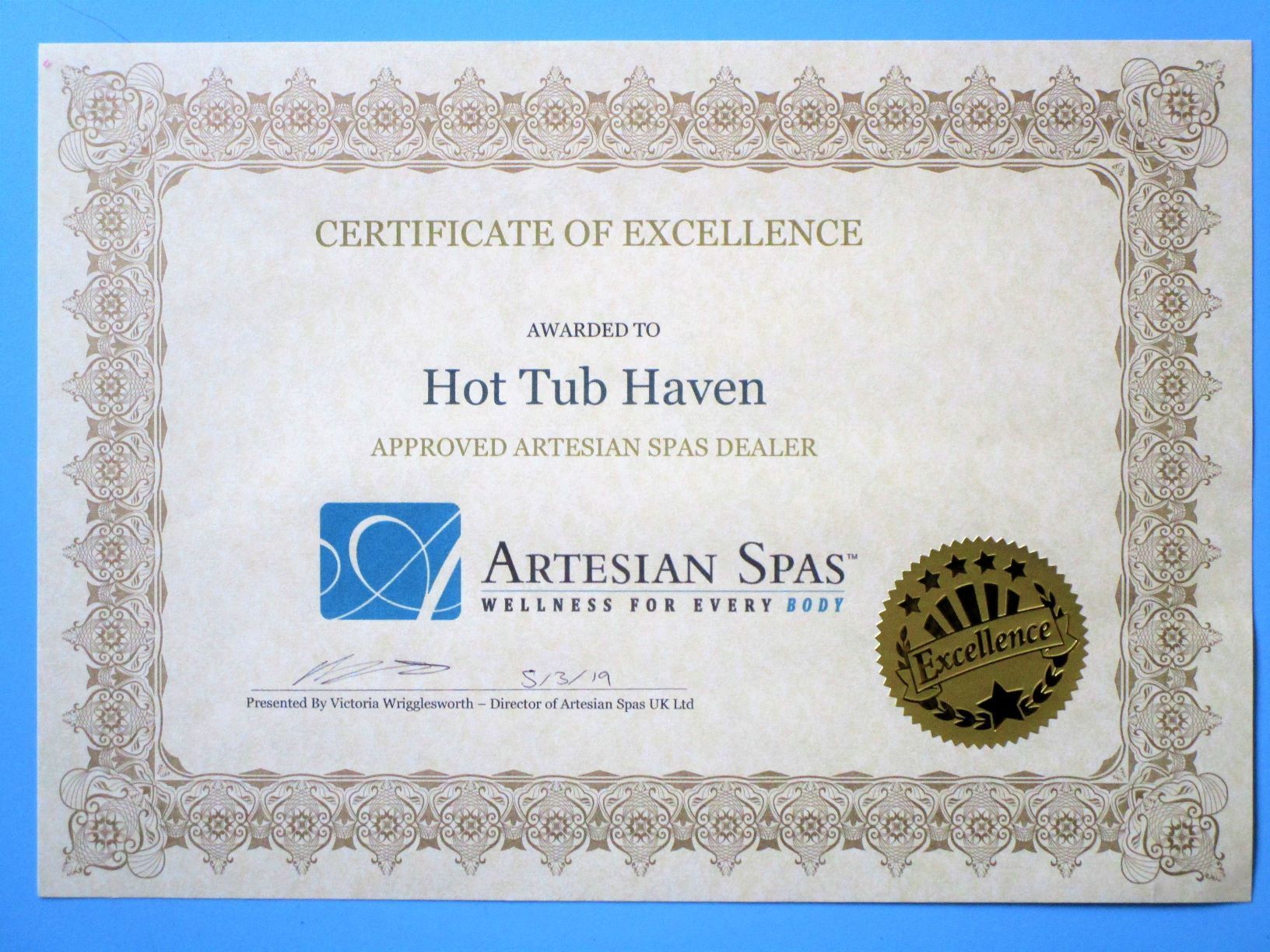 Hot Tub Haven Surrey Artesian Spas certificate of Excellence
