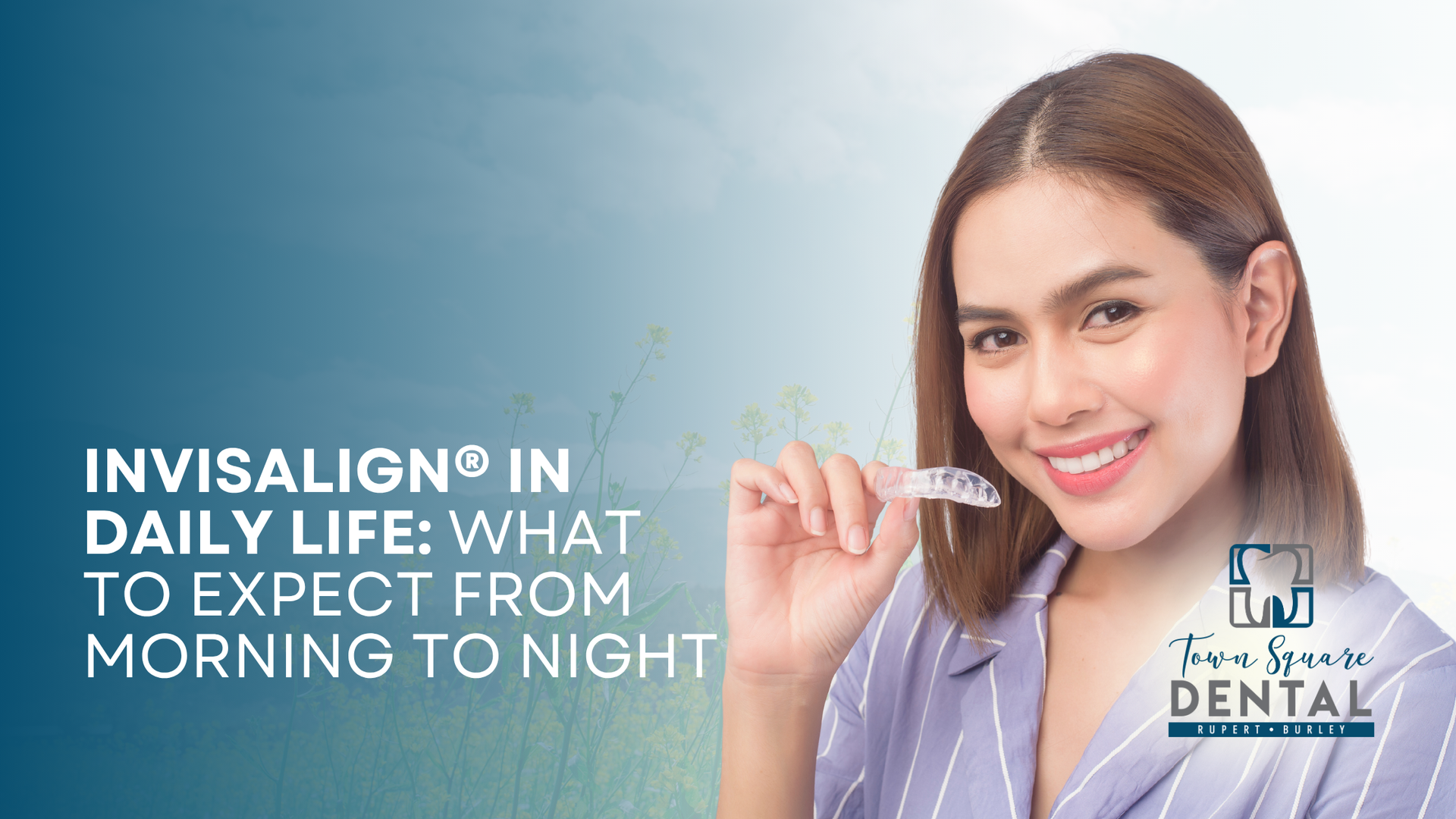 Woman holding Invisalign aligner, smiling. Blue background, text: Invisalign in daily life.