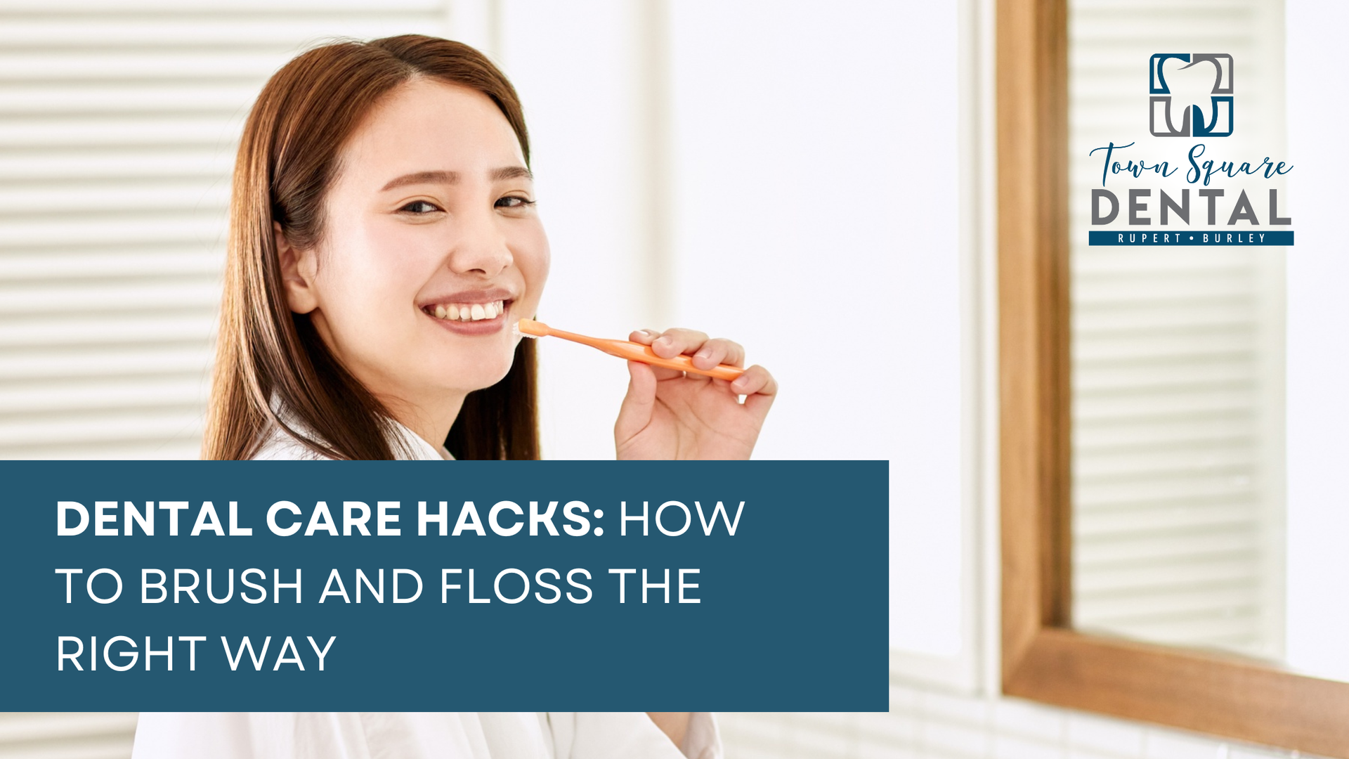 Woman brushing teeth in bathroom; text