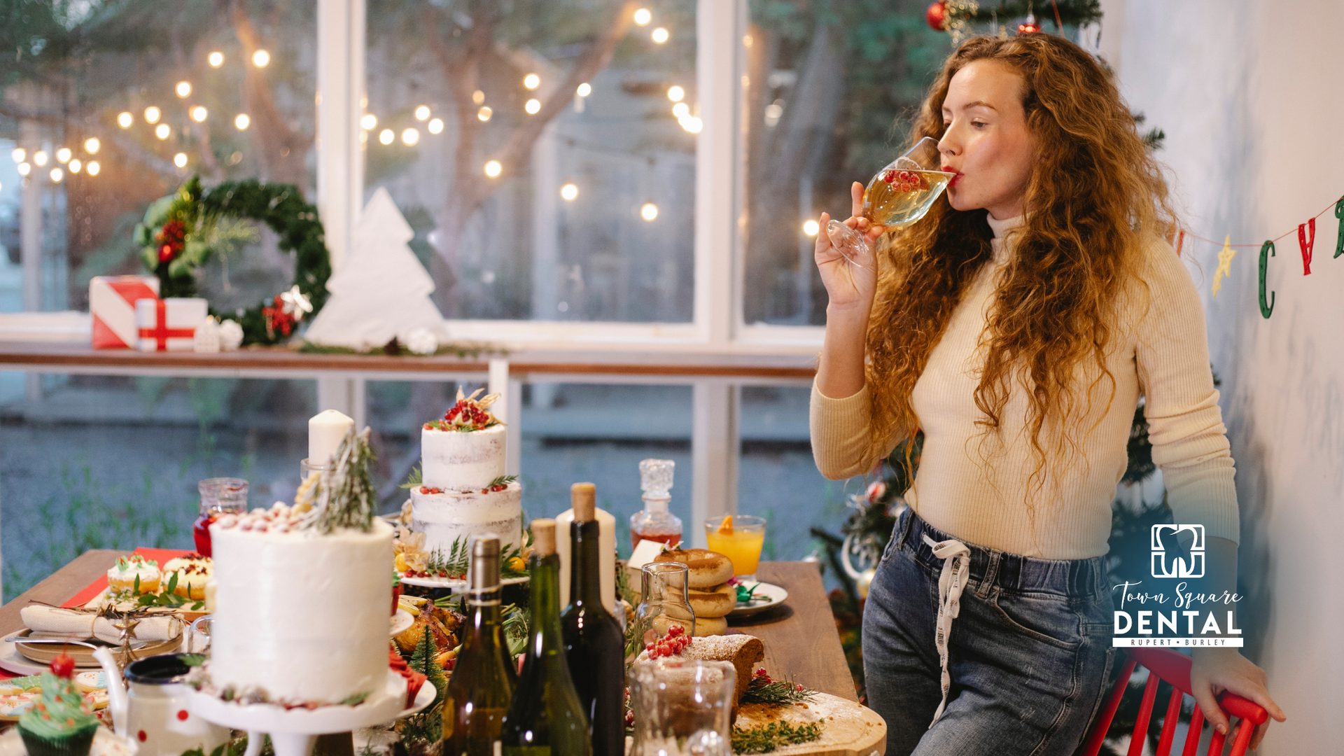 A woman is drinking wine at a christmas dinner table.