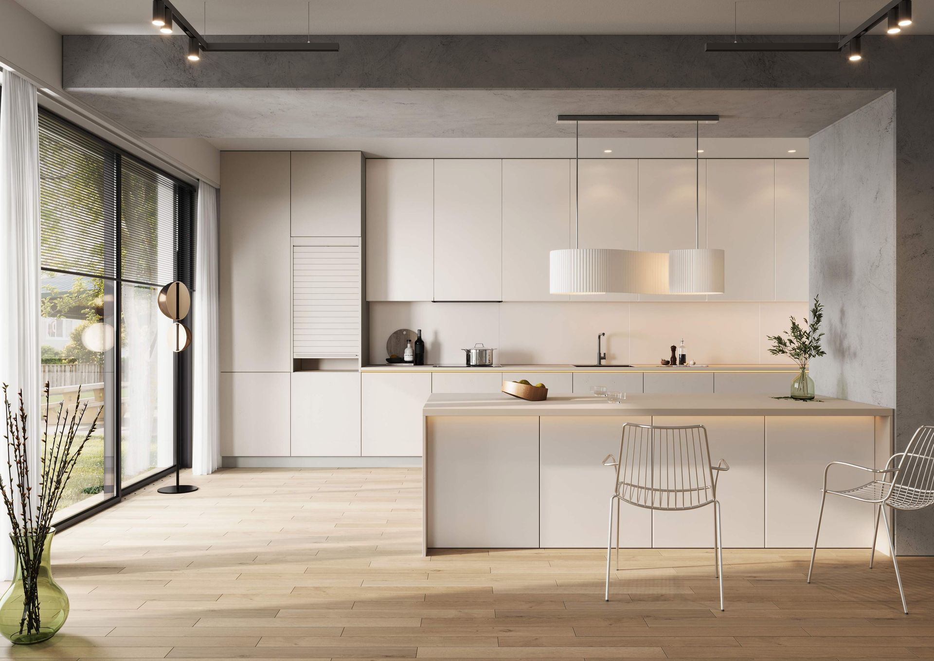 Modern kitchen with white cabinets, light wood floor, and large windows.
