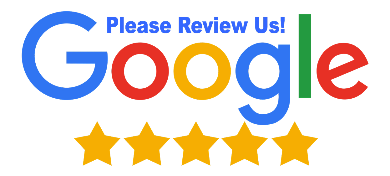 A google logo with five stars and the words `` please review us ! ''