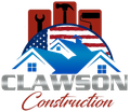 Logo: Clawson Construction with tools, houses, and American flag elements.