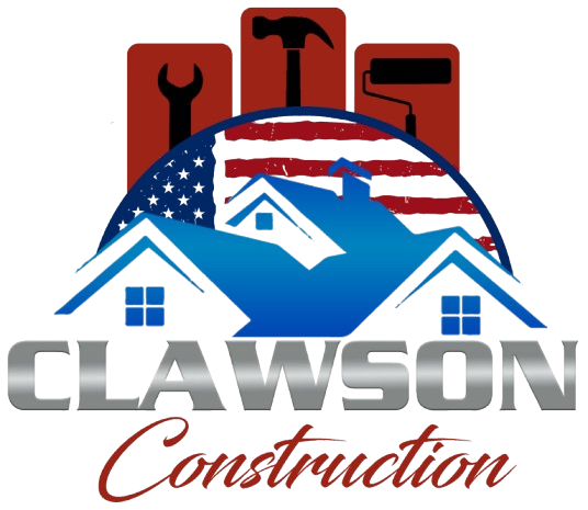 Logo: Clawson Construction with tools, houses, and American flag elements.