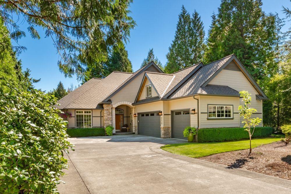 A large house with a driveway leading to it is surrounded by trees.