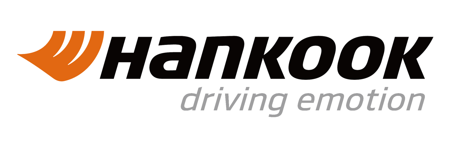 Logo degli pneumatici Hankook: forma arancione a forma di fiamma e testo Hankook, con slogan 