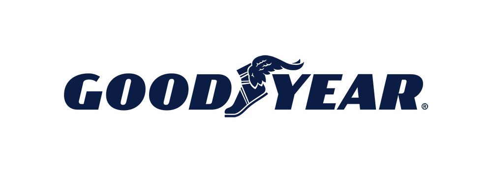 Logo Goodyear: testo blu scuro con l'immagine di una scarpa alata.