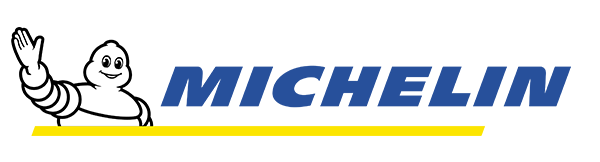 Logo Michelin con l'omino Michelin che saluta, testo blu su una linea gialla.