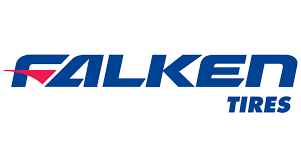 Logo FALKEN Tires: testo stilizzato blu con un elemento di design rosso e bianco. 