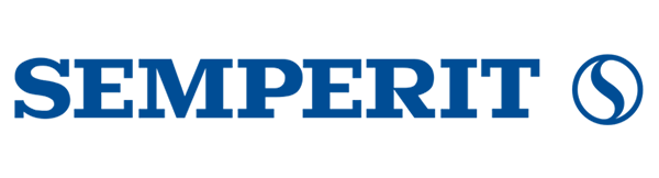 Logo Semperit in blu con elemento di design circolare.