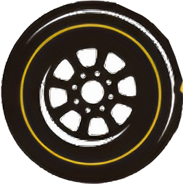 Pneumatico per auto nero e giallo con cerchio bianco, leggermente deformato.