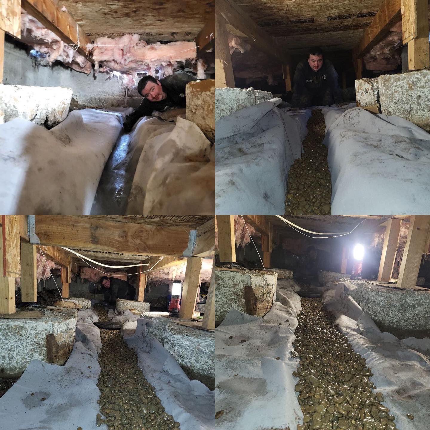 A collage of four pictures of a man in a basement