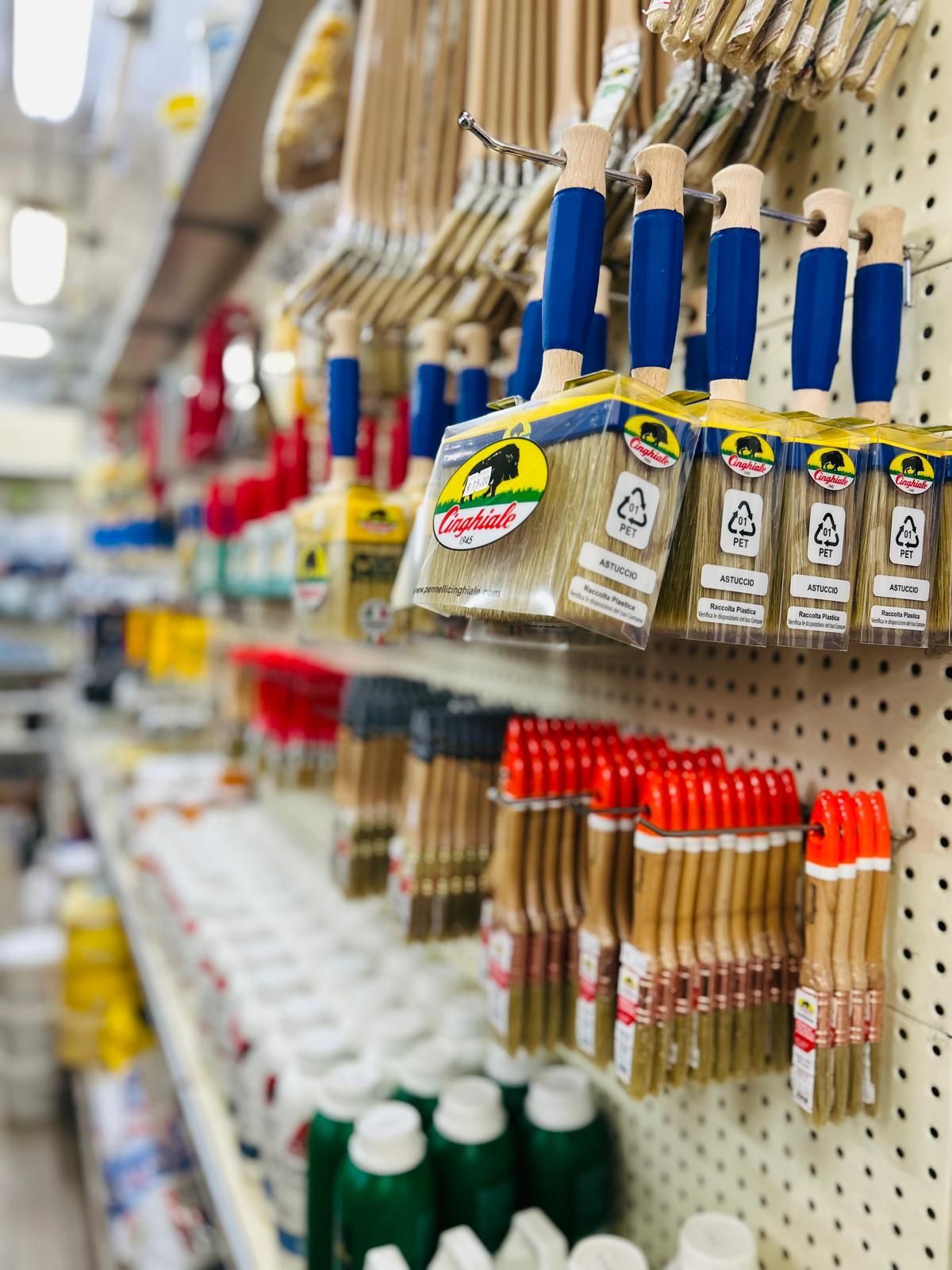 File di pennelli di varie dimensioni con manici blu e rossi appesi a una parete attrezzata di un negozio.