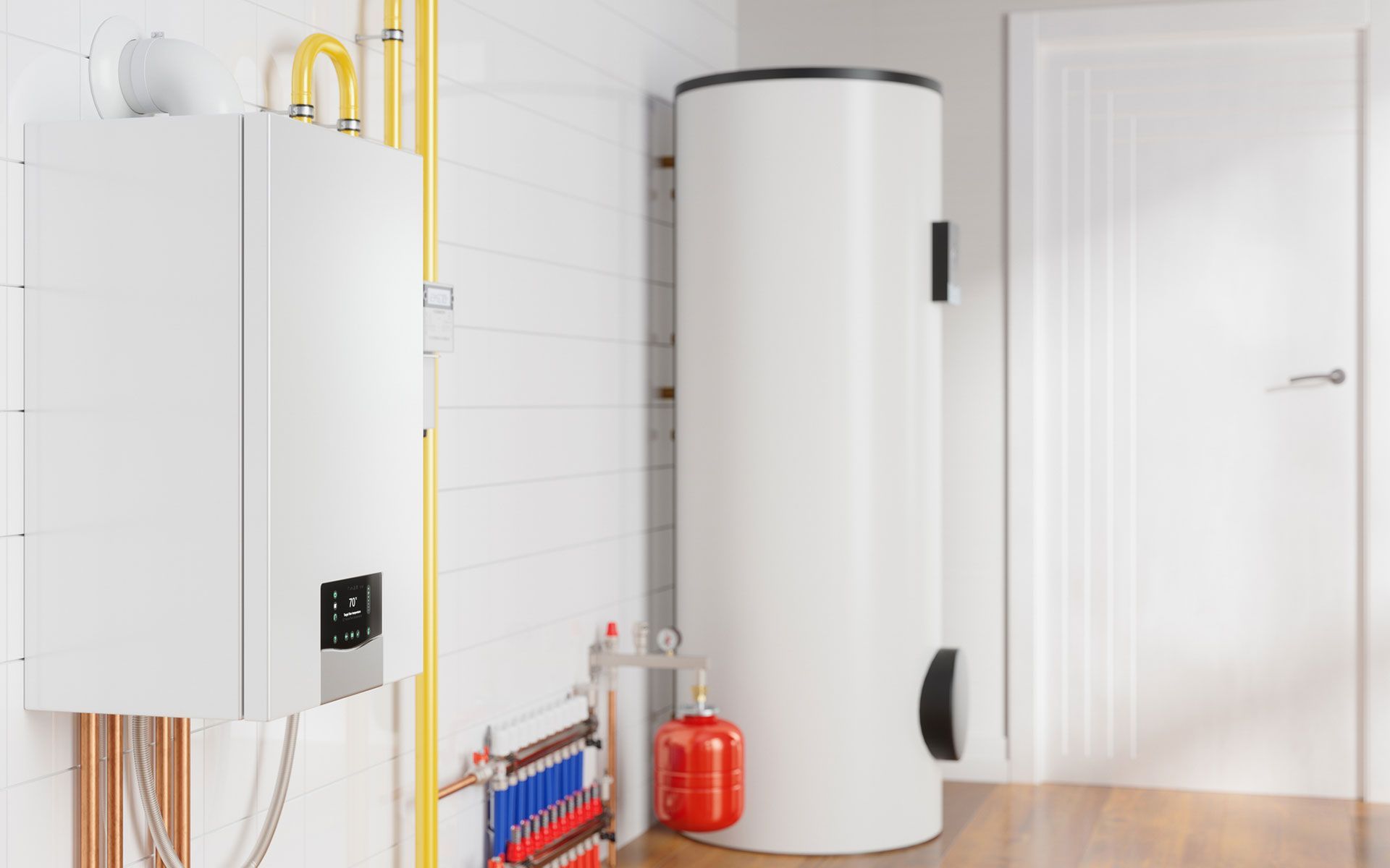 A room with a boiler and a water heater in it.