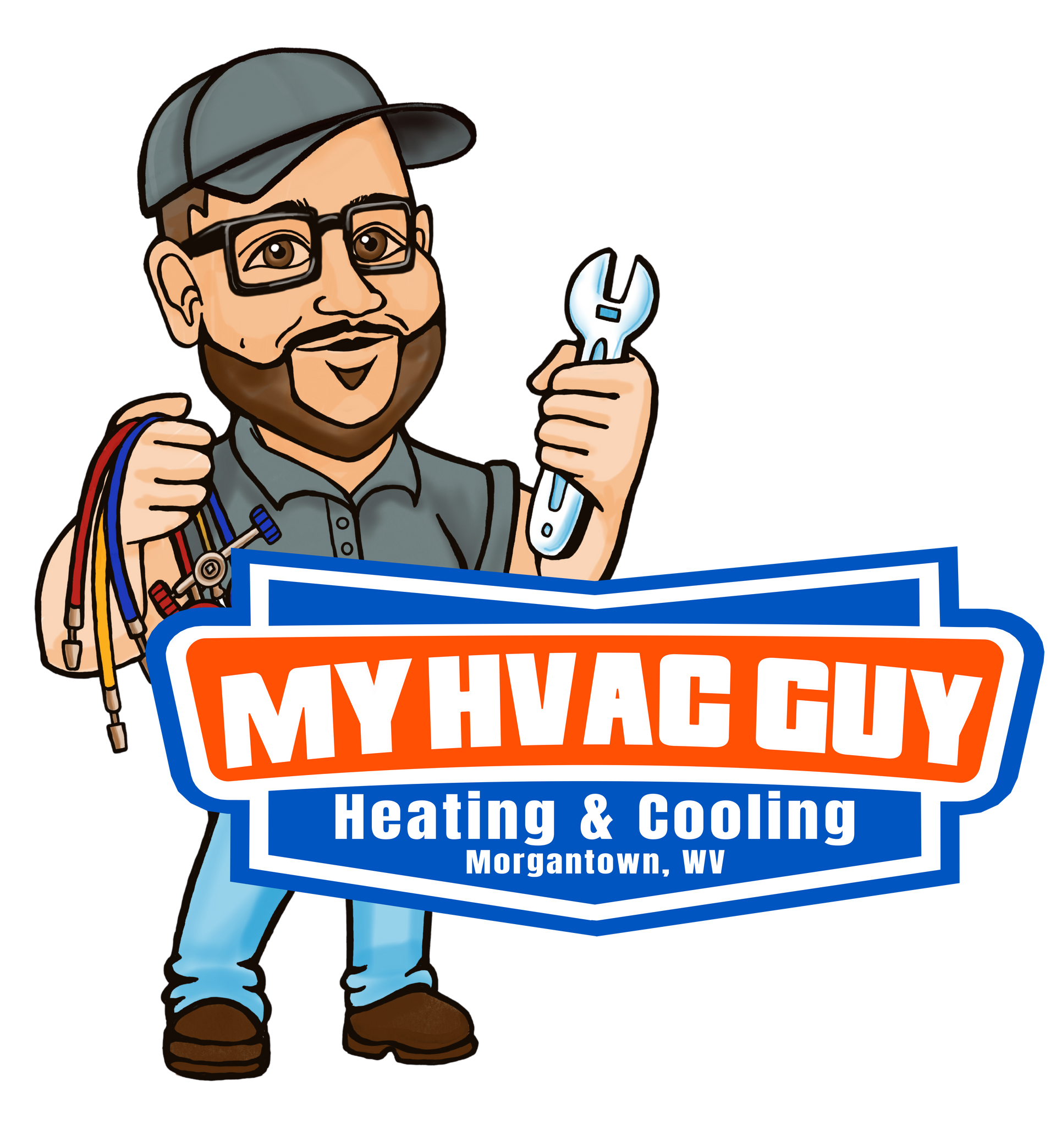 The logo for my hvac guy heating and cooling is a cartoon of a man holding a wrench. The logo for my hvac guy heating and cooling is a cartoon of a man holding a wrench.