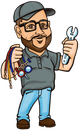 A cartoon of a man holding a wrench and a bunch of hoses.