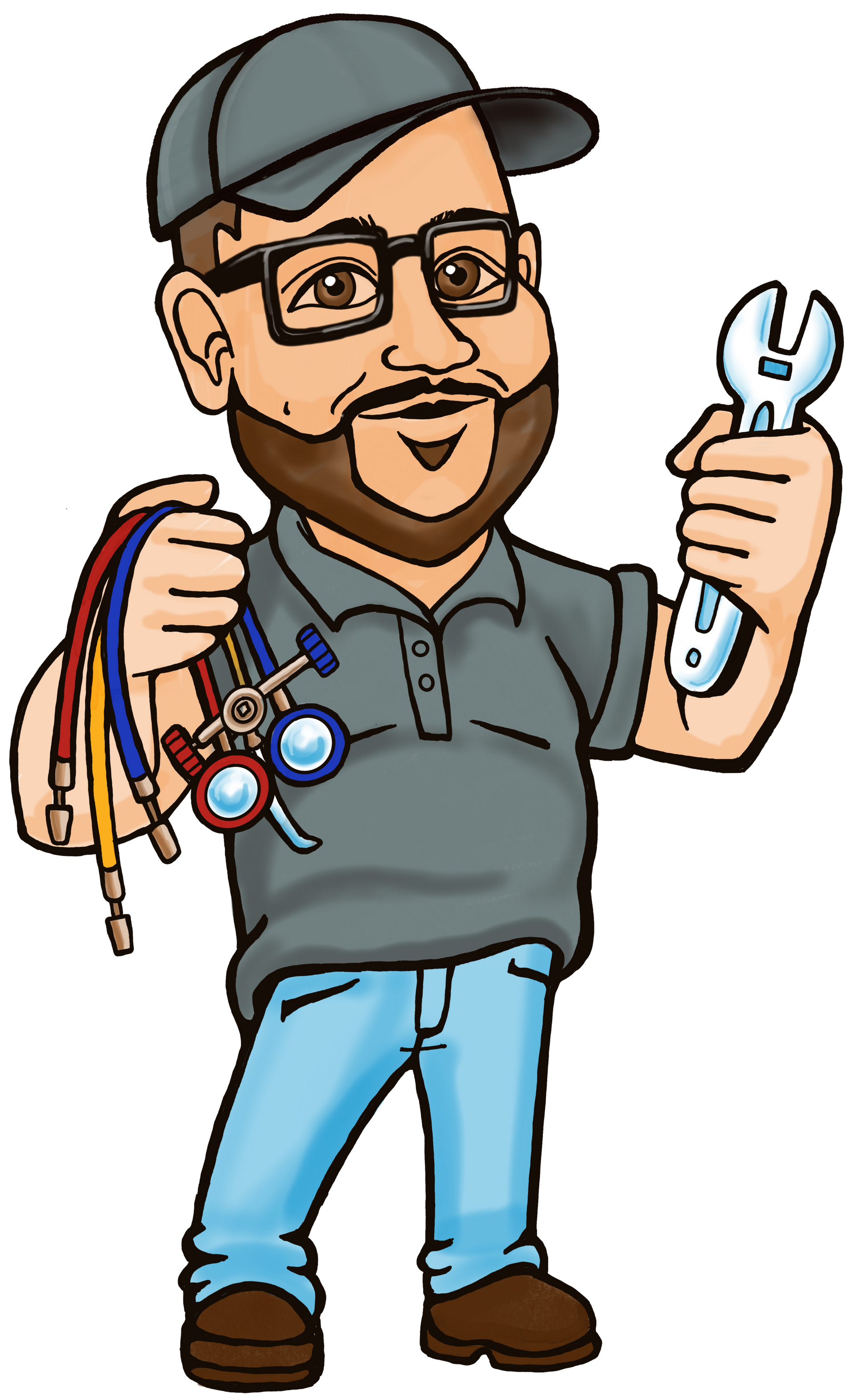 A cartoon of a man holding a wrench and a bunch of hoses. A cartoon of a man holding a wrench and a bunch of hoses.