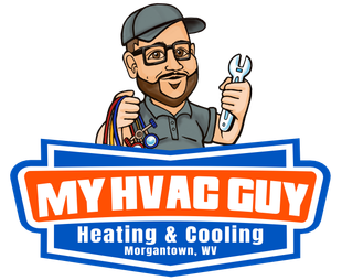 The logo for my hvac guy heating and cooling is a cartoon of a man holding a wrench.