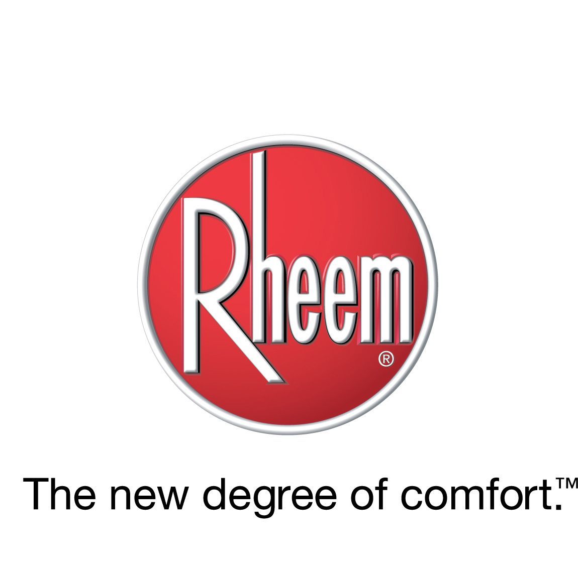 The rheem logo is red and white and says the new degree of comfort. The rheem logo is red and white and says the new degree of comfort.