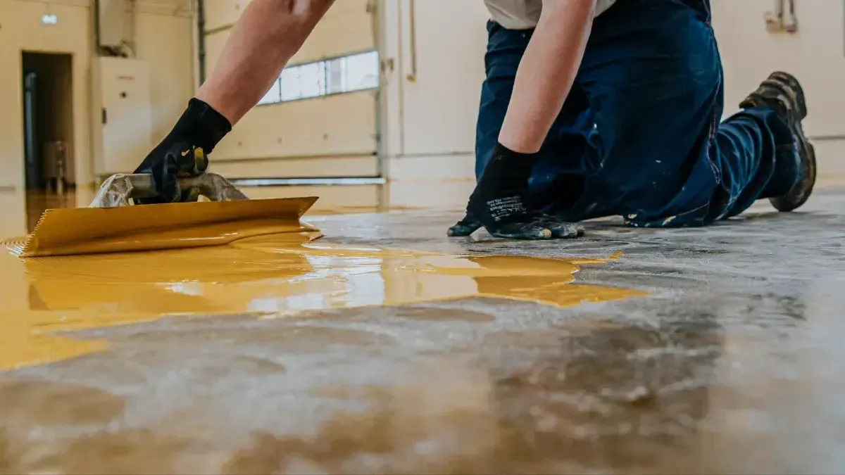 Inside a large, empty warehouse with a shiny gray floor and multiple loading dock doors.