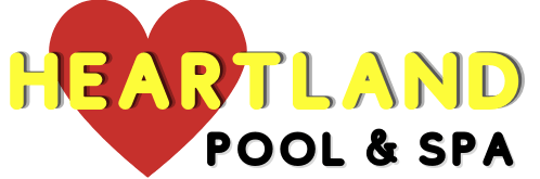 A logo for heartland pool and spa with a red heart in the middle.