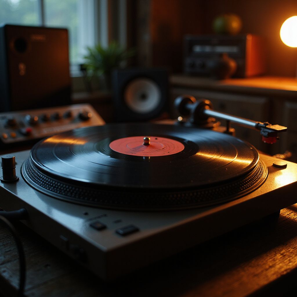 Turntable playing a record in a dimly lit room with speakers, controls, and a window in the background.